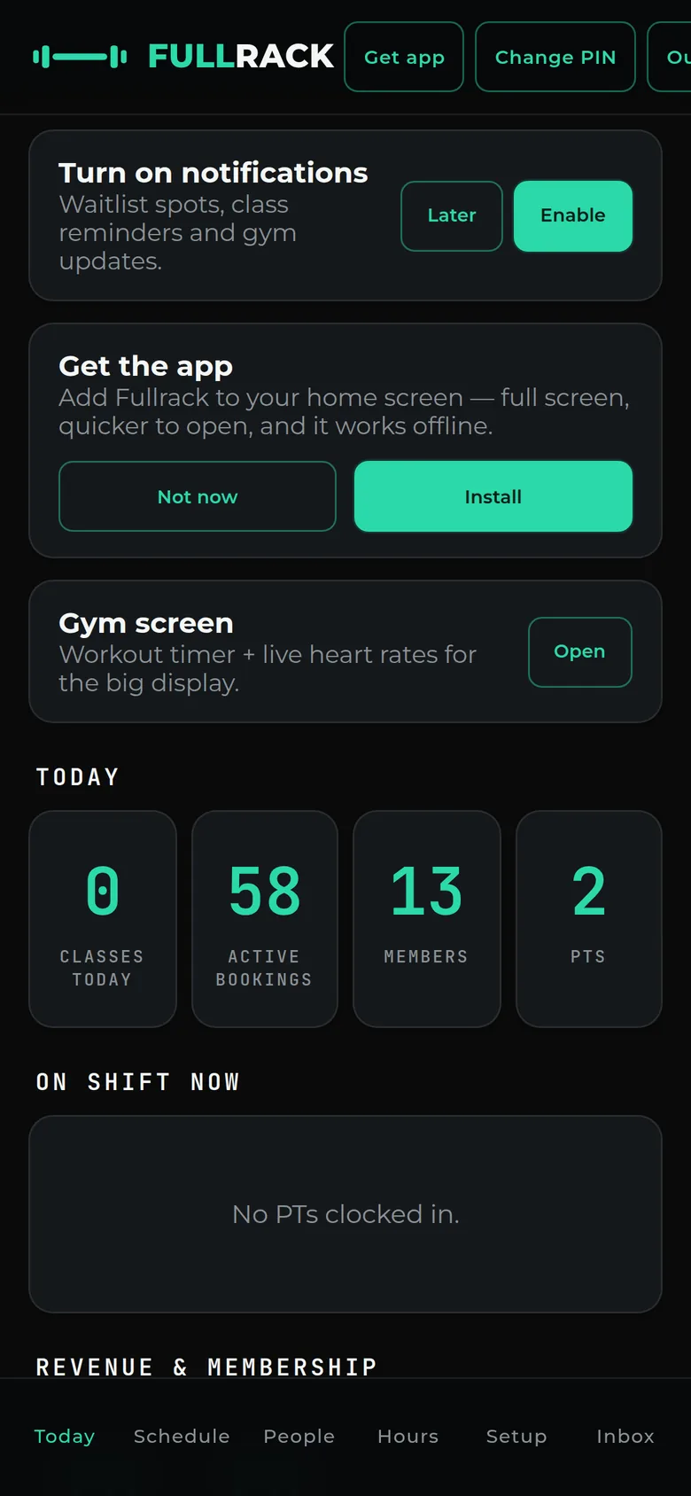 Sample data. Owner dashboard showing 58 active bookings, 13 members and 2 trainers, with who is on shift and the day&rsquo;s classes below.