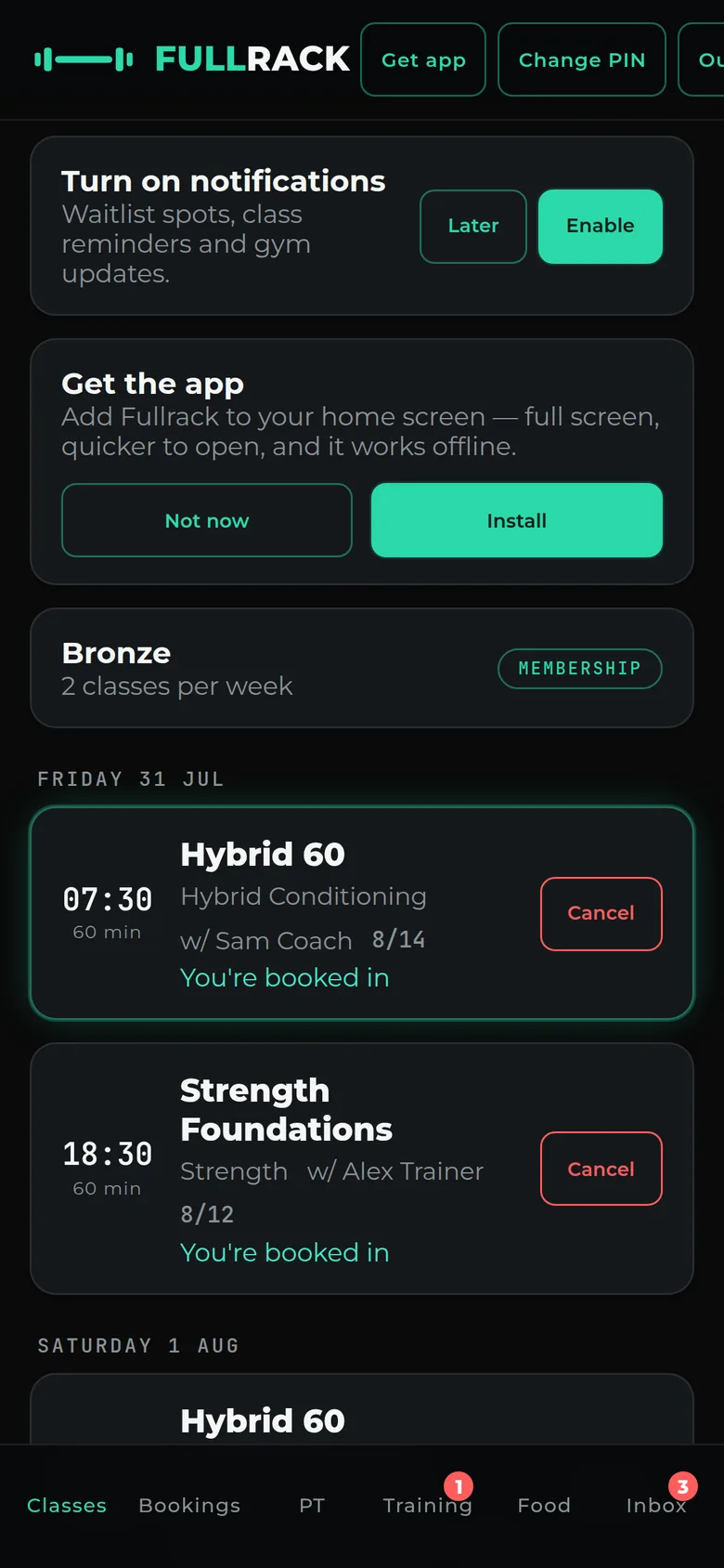 Sample data. Member timetable showing Hybrid 60 at 07:30 and Strength Foundations at 18:30, both marked &ldquo;You&rsquo;re booked in&rdquo;.