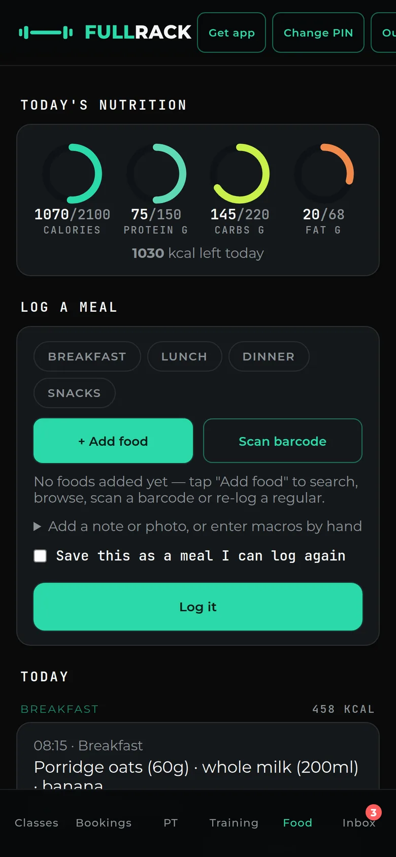 Sample data. Member food diary with macro rings at 1,070 of 2,100 calories, a Scan barcode button, and the day&rsquo;s logged meals below.