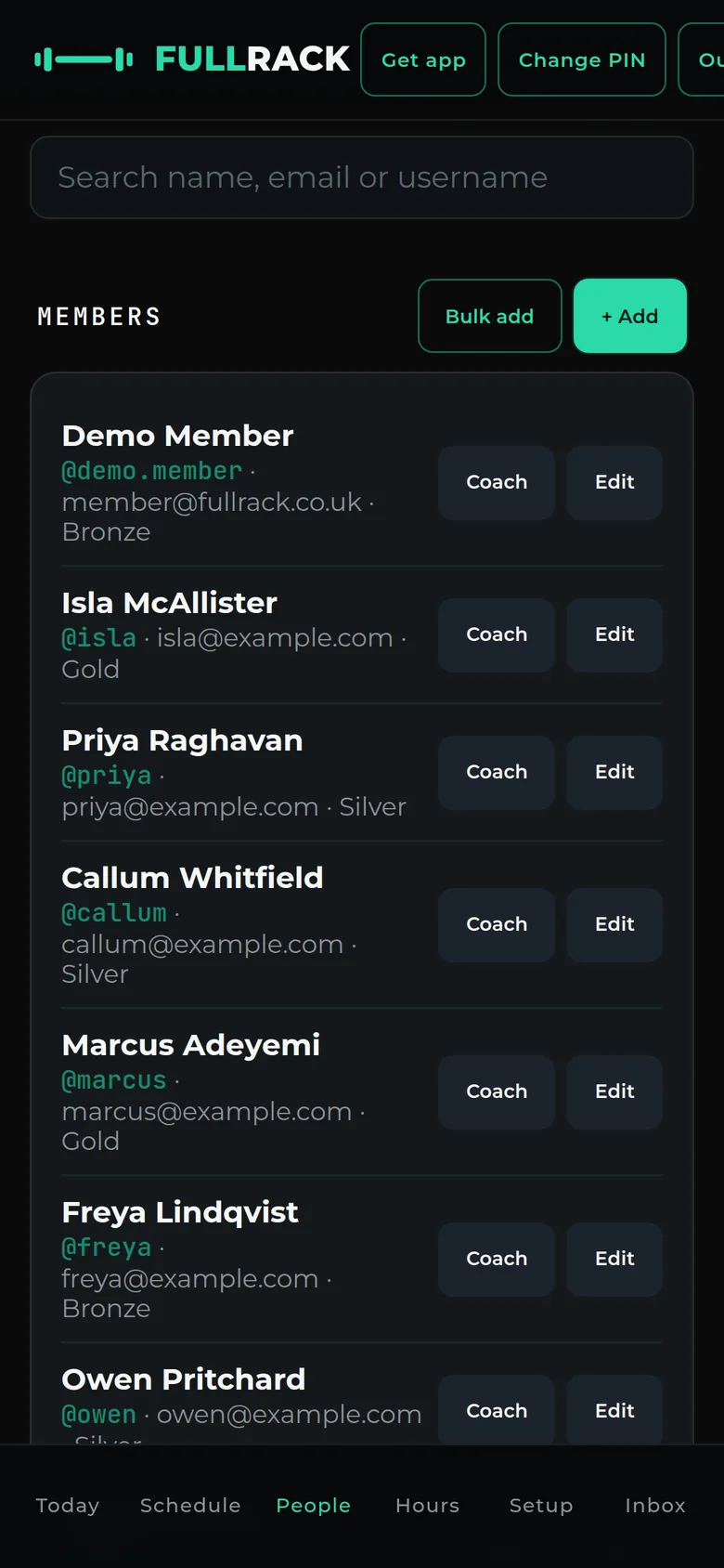 Sample data. Owner member list showing each member&rsquo;s username, email and membership tier, with Coach and Edit buttons on every row.