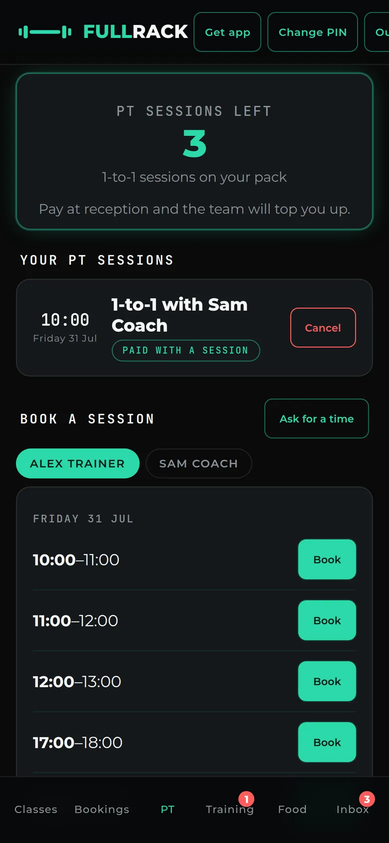 Sample data. Member personal training screen showing 3 sessions left on their pack, a booked 1-to-1, and open slots to book.