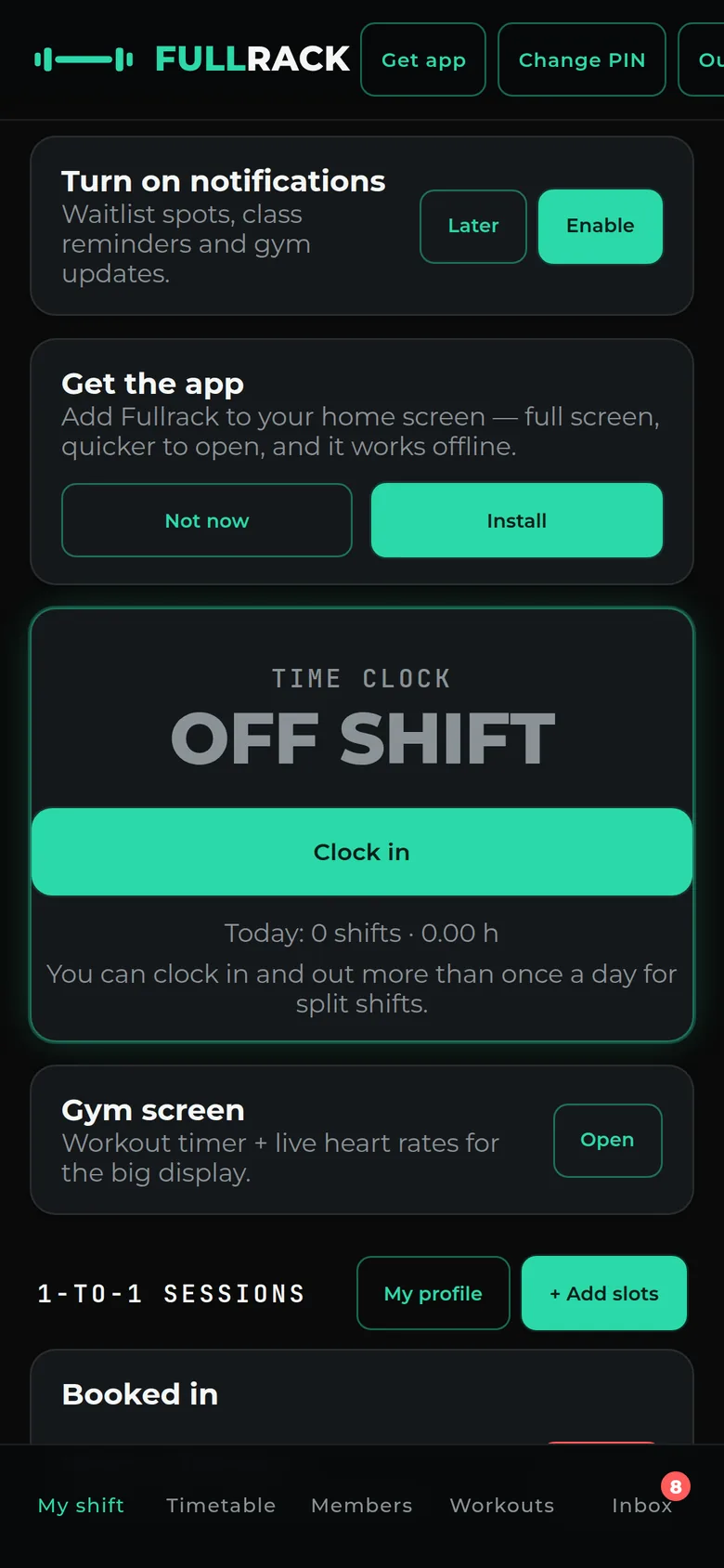 Sample data. Coach shift screen showing the time clock, a booked 1-to-1 session, and bookable open slots across the next few days.