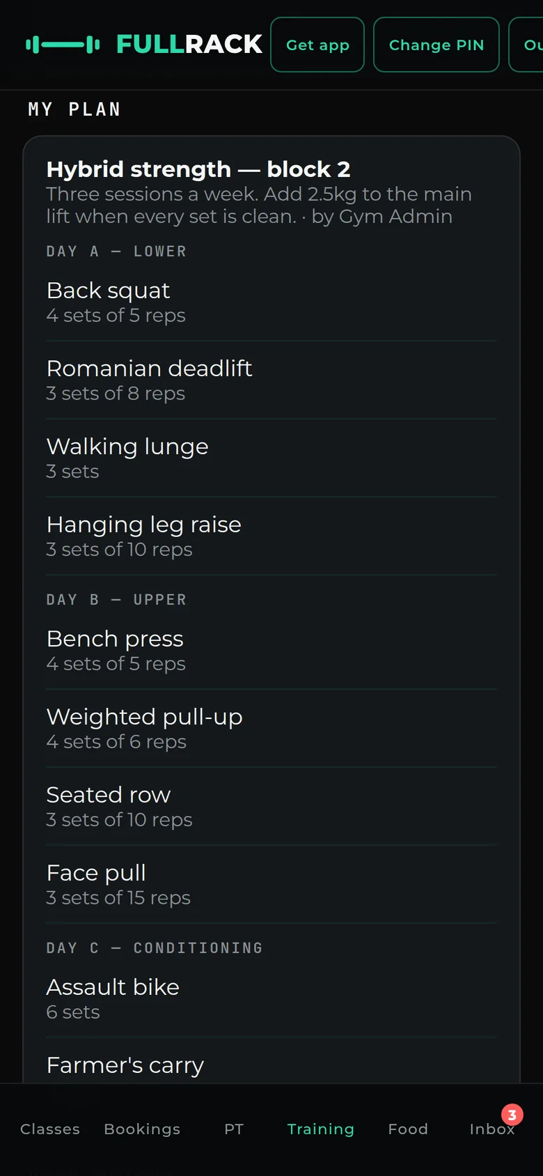 Sample data. Member training tab showing a coach-set plan, Hybrid strength block 2, with sets and reps for each lift.
